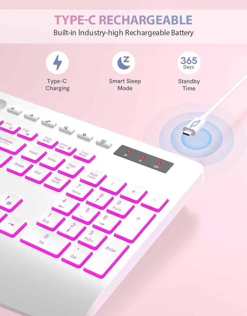 Trueque Wireless Keyboard with 7 Colored Backlits, Phone Holder, Wrist Rest, Rechargeable Ergonomic Keyboard with Silent Light Up Keys, Cordless Computer Keyboard for Windows, Mac, Laptop - (White) - Image 4